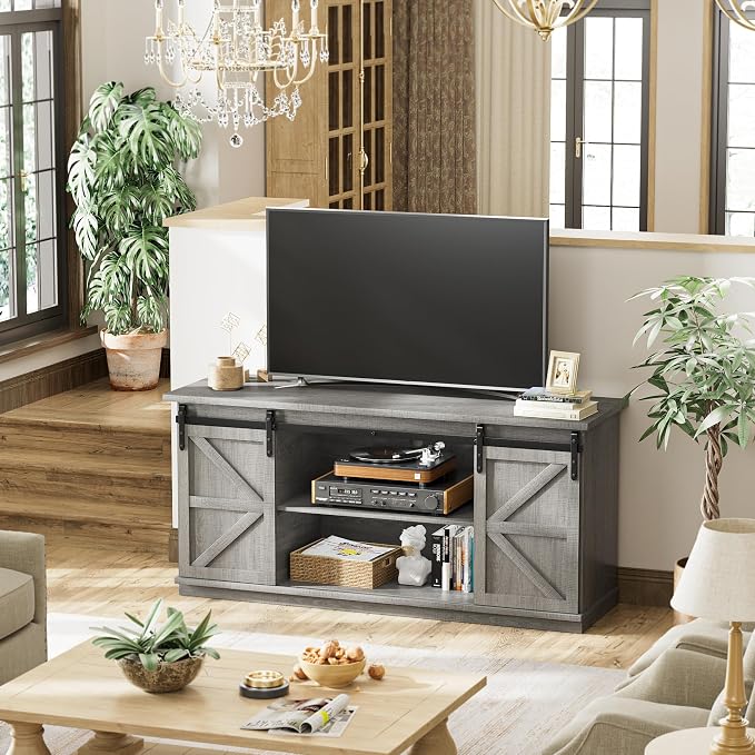 JUMMICO TV Stand for 65 Inch TV, Entertainment Center with Storage Cabinets and Sliding Barn Doors, Mid Century Modern Media TV Console Table for Living Room Bedroom (Pale Gray) - Image 7