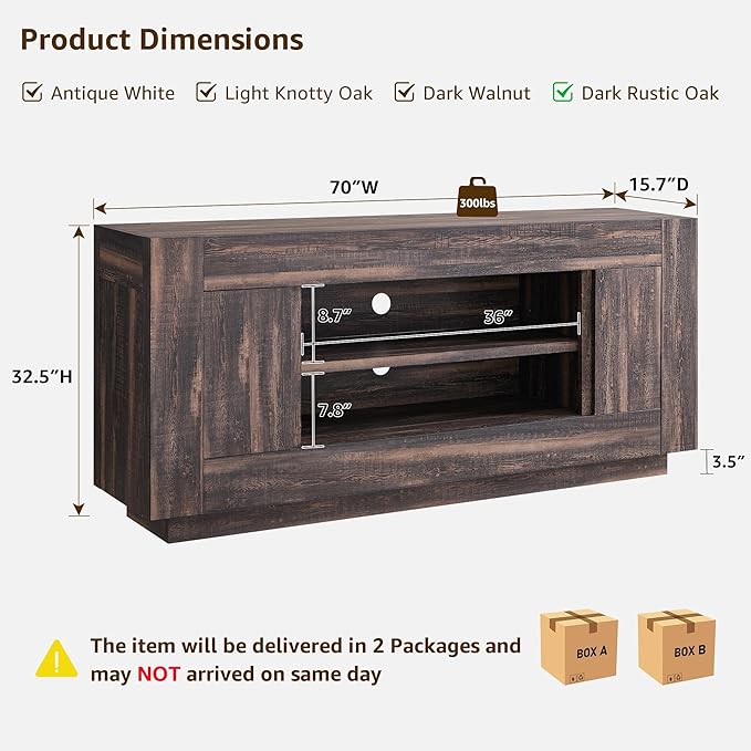 OKD Modern 70" TV Stand, Entertainment Center for TVs Up to 80", Media Console with Large Open Storage & Side Cabinets, Thick Wood Design for Living Room, Dark Rustic Oak - Image 2