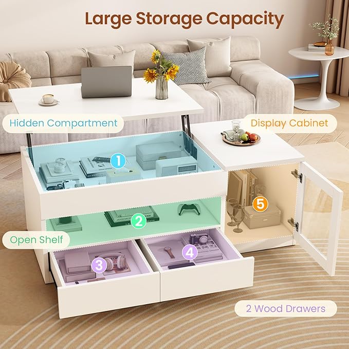 Itaar 39.4" Lift Top Coffee Table with 2 Drawers, Modern LED Coffee Tables for Living Room, Coffee Table with Glass Storage Cabinet, White