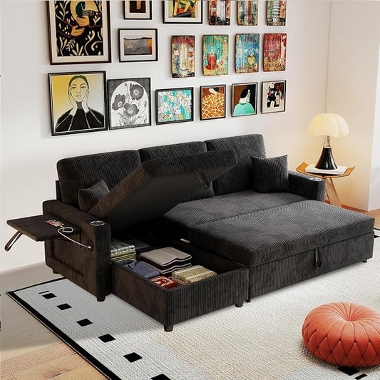 Rovibek 83" Convertible Sofa Bed Couch with Storage & USB Port – 4 in 1 L Shaped Sofa with Pull Out Couch Bed, Side Table, Cup Holder for Living Room, Apartment, Office, Small Spaces, Black
