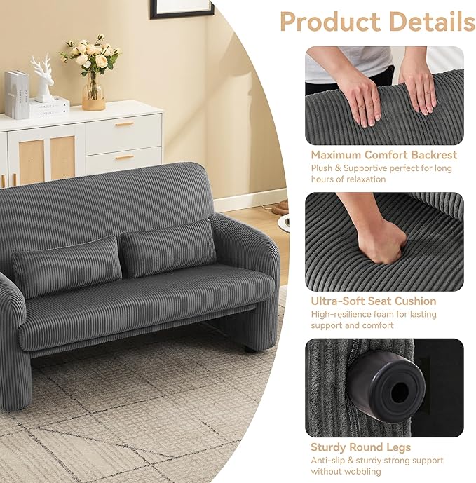 WUTUTUEE Corduroy Accent Living Room Sets, Modern Upholstered Love Seat with 2 Accent Chairs, Wide Comfy Leisure Chair Sets for Bedroom, Office, Grey