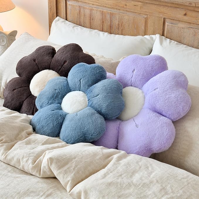 Flower Shaped Pillow, Cute Decorative Throw Pillows with Soft Rabbit Fur for Couch Bed Chair Floor, Christmas Pillow Seating Cushions with Room D??cor for Bedroom Living Room(14.9 Inches, Grey Blue)