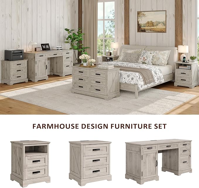 Whalefall Farmhouse Night Stand Set of 2, Large 2 Drawers Bed Side Table with Charging Station, 18 inch Wide End Table for Bedroom, Living Room, 2pcs, Light Wash Gray - Image 3