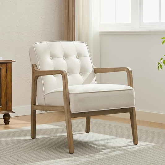 SOFTHION Linen Accent Chair, Mid Century Modern Chair for Living Room, Upholstered Comfy Lounge Armchair with Solid Wood Frame, Reading Side Chair for Bedroom,105°Ergonomic Comfort, White