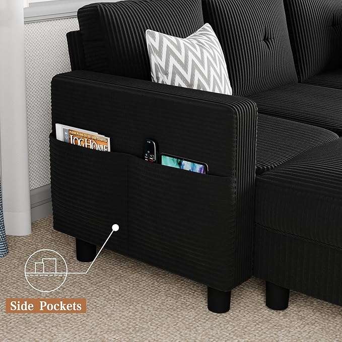 Shintenchi Modern Upholstered Sectional Sofa, L-Shaped Couch with Storage Ottoman and Reversible Chaise for Living Room, Black Corduroy Fabric