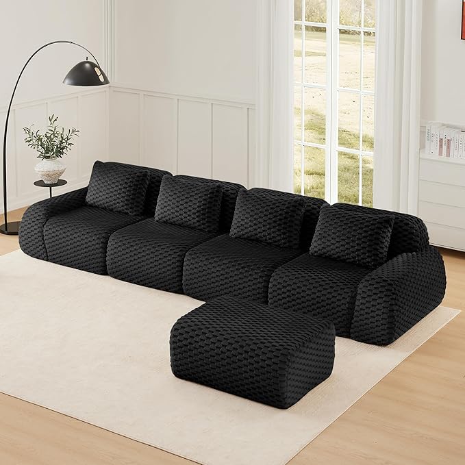 146" L-Shaped Compressed Sectional Cloud Sofa, Flannel Upholstered Modular Deep Seat Sofa with 5 Pieces, Modern Floor Boneless Foam Modular Cloud Couches for Living Room