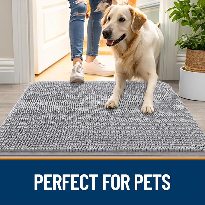 OLANLY Dog Door Mat for Muddy Paws 59x20, Absorbs Moisture and Dirt, Absorbent Non-Slip Washable Doormat, Quick Dry Chenille Mud Mat for Dogs, Entry Indoor Entryway Carpet for Inside Floor, Light Grey - Image 6
