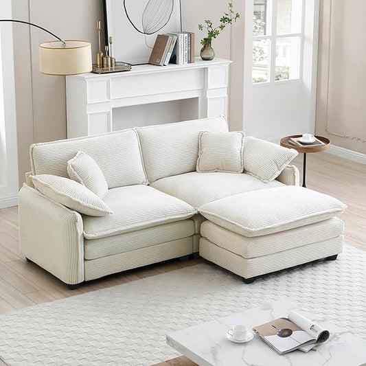 KEIKI 81" L-Shaped Oversized Corduroy Modular Sectional Loveseat Sofa with 1 Ottoman, High-Density Foam Cushions, Removable Armrests, Upholstered 2-Seater Couch with 4 Pillow, for Living Room, Beige