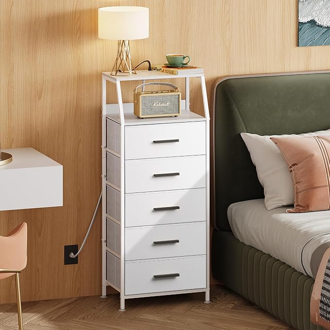 Nightstand 5 Drawer Dresser with Charging Station, Side Table with Fabric Drawers, End Table with Open Shelf, Tall Dresser for Bedroom, Hallway, Entryway - Image 6
