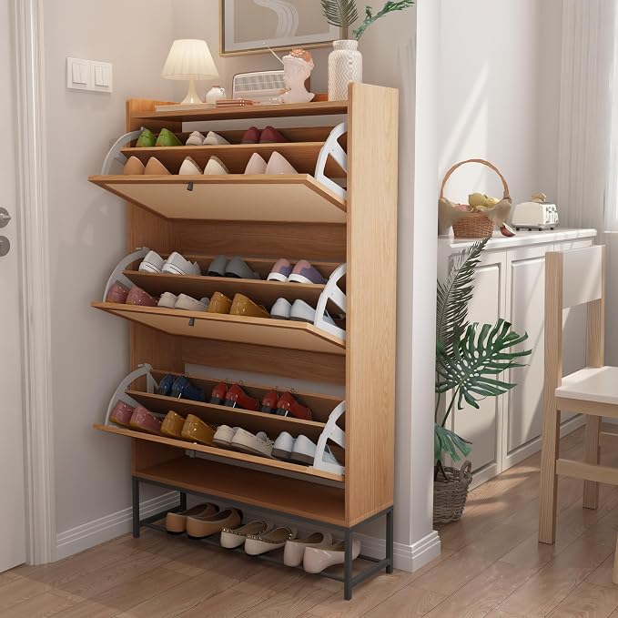 AVZEAR Narrow Shoe Storage Cabinet with 3 Flip Drawers, Freestanding Shoe Organizer Wooden Closed Shoe Rack, Slim Shoe Cabinet Storage for Entryway, Hallway, Living Room (Natural) by AVZEAR