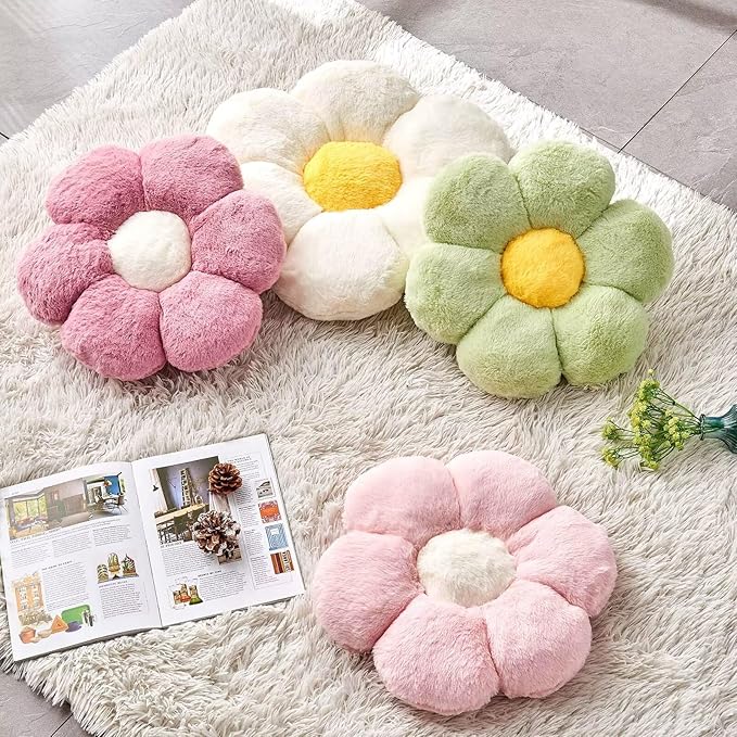 Kcvvcr White Flower Plush Throw Pillow, Cute Decorative Flower Shaped with Faux Rabbit Fur, 14.9" Soft Throw Pillow for Bedroom Living Room