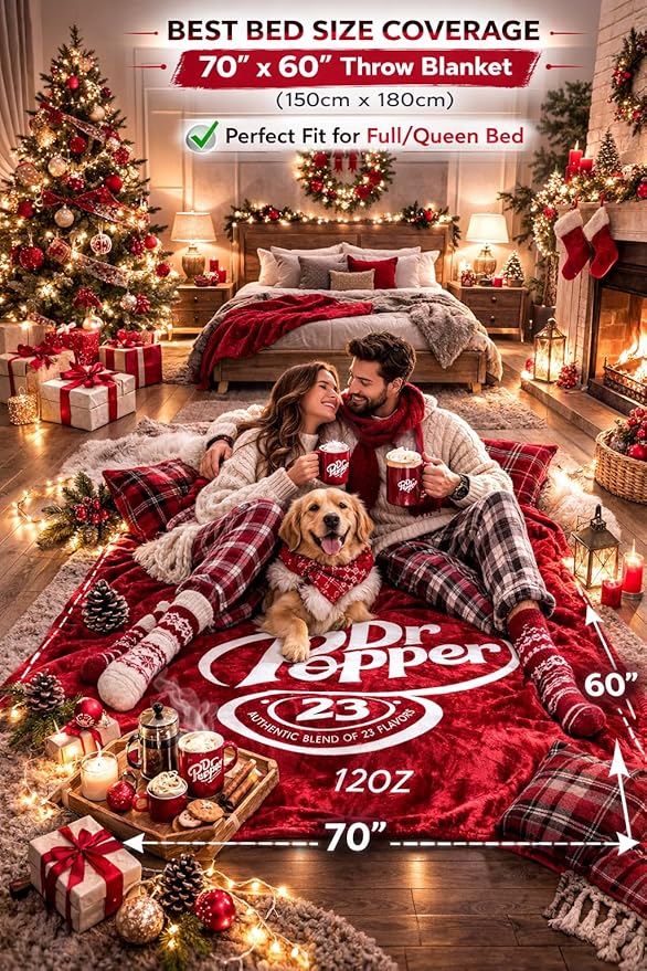 Dr Pepper Blanket 70x60 – Soft Thermal Flannel Fleece Throw, Soda Can Stuffed Plush Red Blanket for Couch, Bed, Car & Travel – Fun Home Decor Gift for Soda Fans.