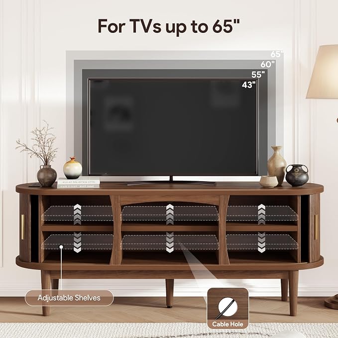 Decofy Mid Century TV Stand for TVs up to 65 Inches, Entertainment Center with Storage, Power Outlet, Fluted Sliding Doors & Adjustable Shelves, Modern Media TV Console Table for Living Room (Walnut) - Image 3