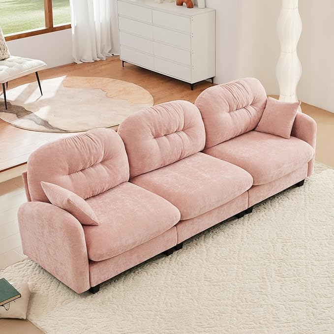 KEIKI 107" Oversized Chenille Modular Sectional Sofa with High-Density Foam Cushion and Tufted Pleated Cushion Backrest, Upholstered Modern 3-Seater Cloud Couch with 2 Pillow, for Living Room, Pink