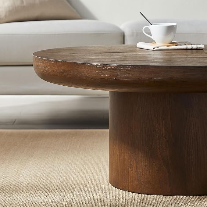 35.98'' Round Coffee Table Wood Pedestal Coffee Tables for Living Room, Modern Rustic Table Circle Easy Assembly, Dark Brown-ø35.98''