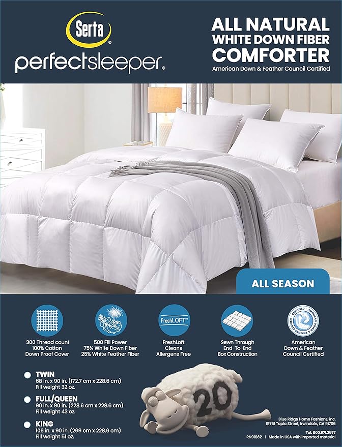 Serta Down Fiber Comforter Twin Size-All Season Duvet Insert, Luxury Fluffy Bed Comforter 100% Cotton 300 Thread Count Shell, Down Feather Fiber 500 Fill Power with Corner Taps, White 68x90inch