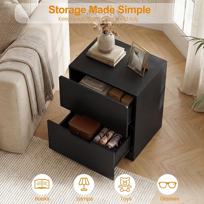 RoyalCraft Black Nightstand with Drawers, Night Stand for Bedroom, Modern Bedside Table with Handless Design, Wood End Table for Living Room, Hallway - Image 5