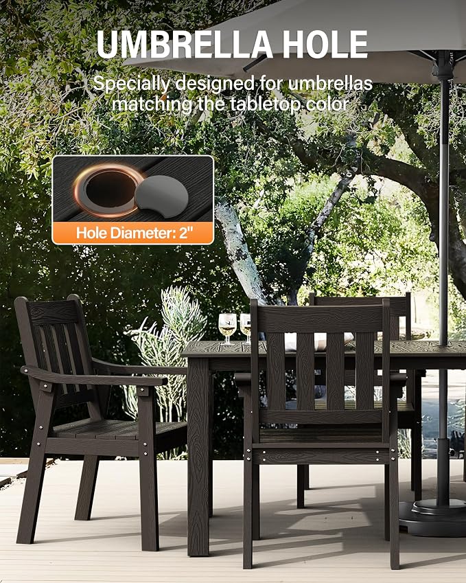 YEFU HIPS Patio Table Set: 7 Piece Outdoor Table and Chairs Patio Furniture Set with Umbrella Hole - Black Modern Plastic Dining Sets 6 Person for Outside Deck with Metal Aluminum Frame - Image 5