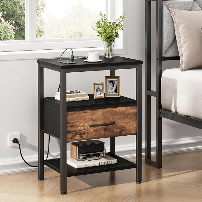 DUMOS Bedside Table with Charging Station and Adjustable Fabric Drawer Compact Nightstand 3-Tier Storage Organizer End Table for Bedroom,Black and Brown - Image 2