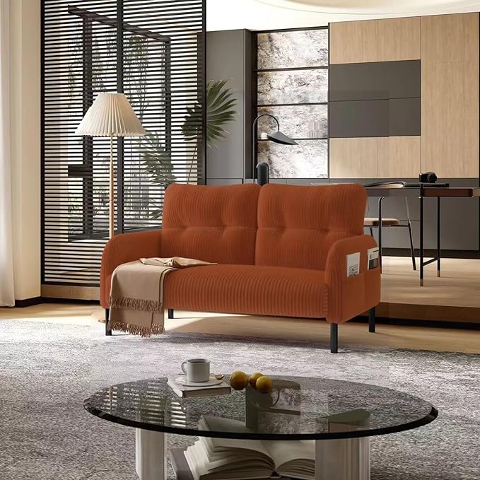 KEIKI 47" Corduroy Loveseat Sofa with Double Side Pockets & High Resilience Cushion, Modern Style Ergonomic Design Upholstery Oversized 2-Seater Couch, Easy Assembly, for Living Room, Orange