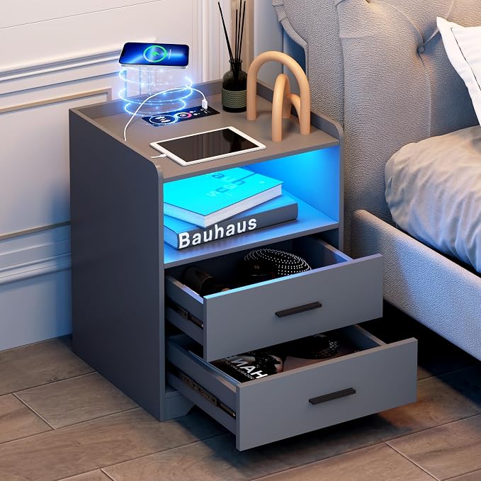 dnbss Grey Night Stand with Wireless Charging Station, Nightstand with 2 Drawers, Smart Bedside Table with 24-Color RGB Lighting, Modern LED Lighted Nightstand for Bedroom - Image 10