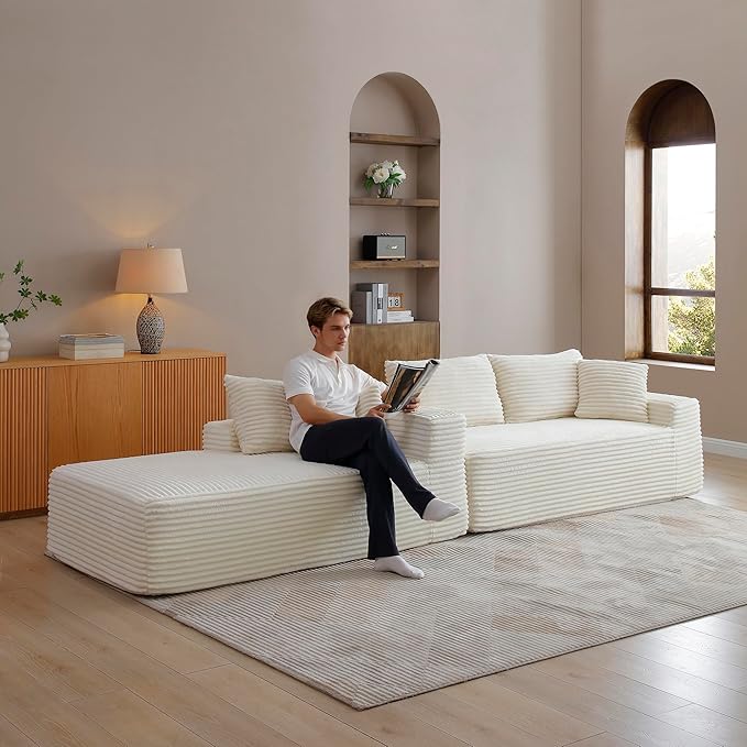105-Inch L-Shaped Left Facing Corner Compressed Sofa Modular Sectional Boneless Cloud Sofa Floor Foam Couch with Chaise Lounge, Corduroy Corner Boneless Cloud Couch