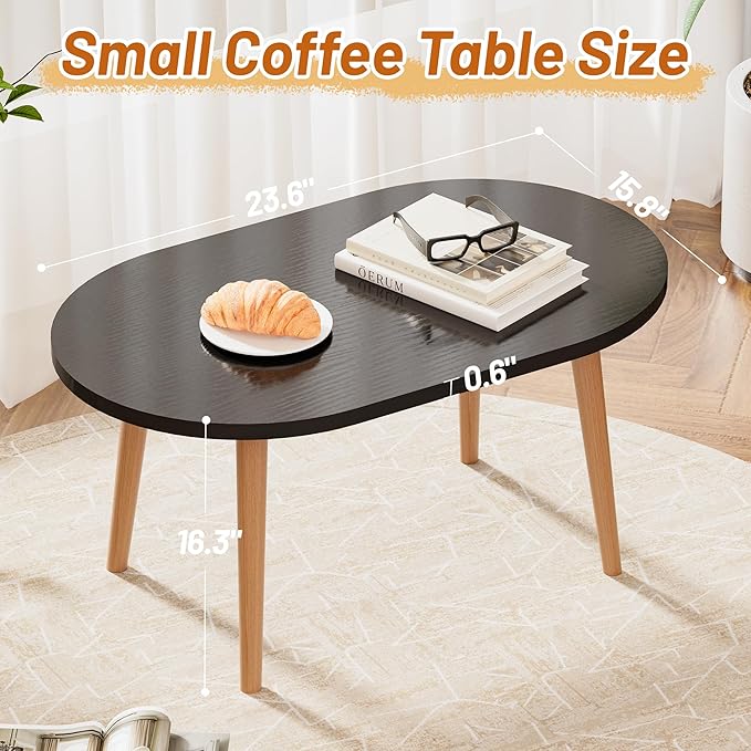 Coffee Table Low Table with Solid Wood Legs, Small Oval Coffee Table Side Table, Floor Table Desk for Sitting on The Floor, Storage and Living Room Furniture for Office Apartment Home, Black