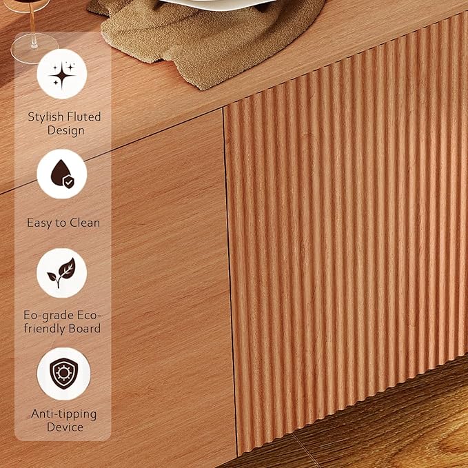 WAMPAT 2 Pieces Bedroom Set, Fluted Dresser and Nightstand Set, Wood Storage Cabinet and Nightstands with Charging Station, Wide Storage Organizer Cabinet for Bedroom, Mocha