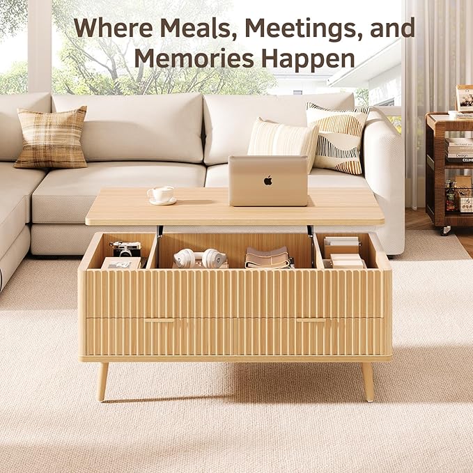 Lift Top Coffee Table with Storage - Fluted Wood Coffee Tables for Living Room with Drawers & Hidden Compartment, Mid Century Modern Square Large Center Table for Home Office, Reception