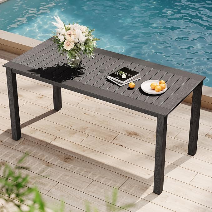 YEFU Outdoor Dining Table for 6: All Weather Rectangular Patio Table with Umbrella Hole and Aluminum Frame - Outdoor Furniture for Outside Backyard/Garden/Pool/Porch/Deck, 300lbs Capacity, Grey by YEFU