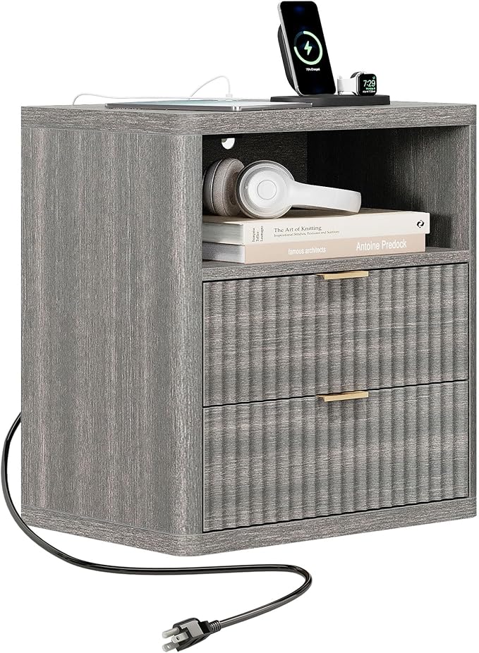 Fluted Nightstand with 2 Drawers Bed Side Table Wide End Table Modern Night Stands with Large Storage Charging Station Mid Century for Bedroom Living Room Office,Gray by TROJMHome