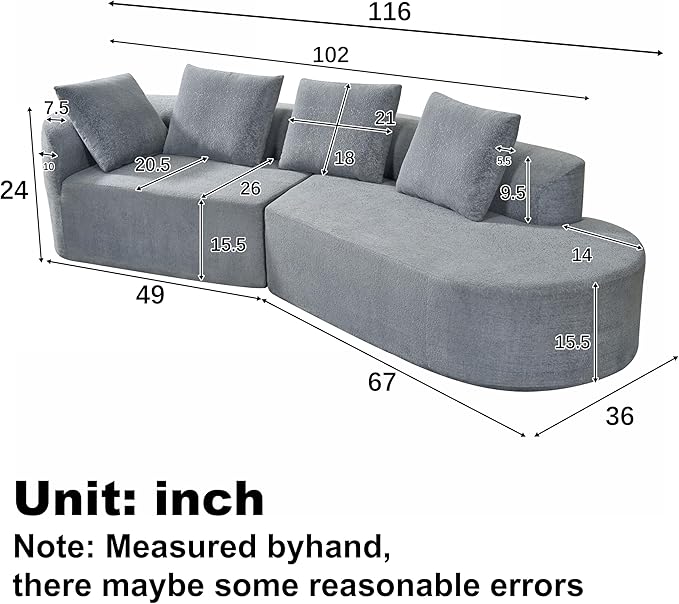 Merax 116" Curved Polyester Sectional Sofa, Modern Pearl Upholstery 3 Seat Cloud Couch with Chaise Lounge & 4 Pillows for Living Room, Light Gray