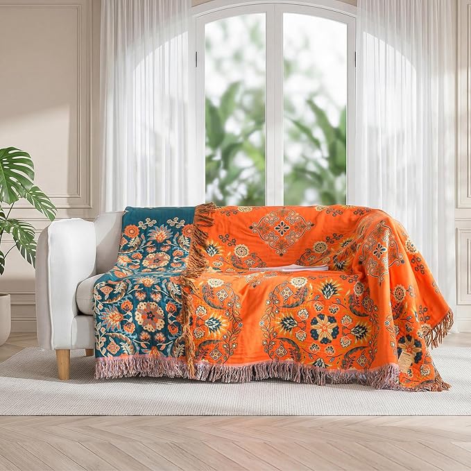 Boho Throw Blanket for Bed 100% Cotton Soft Lightweight Quilt Floral Embroidery Home Decor Spring Breathable Orange Bed Blankets,90"x98" All Season Reversible Blankets for Sofa Couch Chair