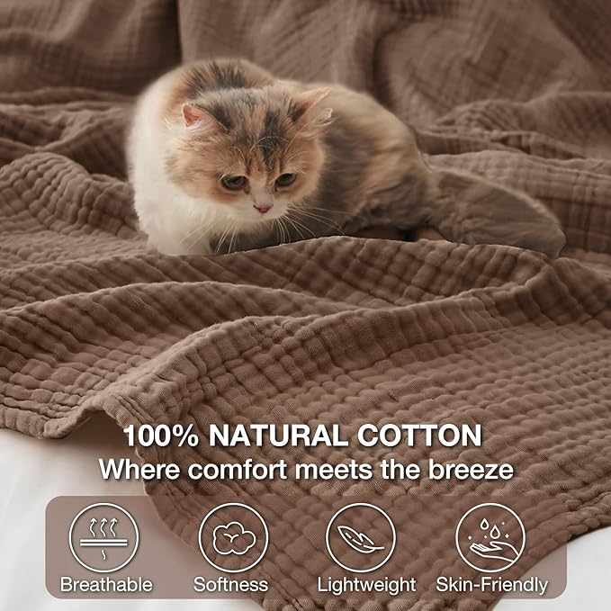 100% Cotton Muslin Blanket California King 120" x 90", 6 Layers Breathable and Lightweight Oversized Blankets for Bed, Soft Cooling Gauze Blanket for Adults All Season, Tan