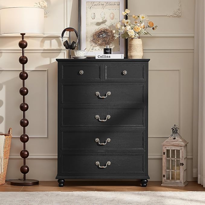 Joaxswe Farmhouse 6 Drawer Dresser Set of 2 for Bedroom, 42" Tall Rustic Chests of Drawers w/ 4 Solid Wood Feet, Mid Century Vintage Wooden Closet Storage Dressers Organizer for Living Room,Black - Image 8