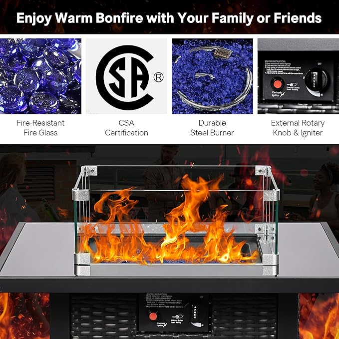 FHFO 5 Piece Outdoor Patio Furniture Set with 28”Gas Fire Pit Table & Ice Bucket Storage Box, Outdoor Wicker Rattan Patio Conversation Set for Outside, Poolside, Balcony, Porch, Grey-Grey