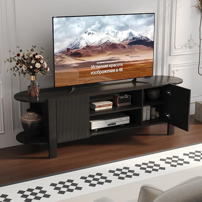 65 Inch TV Stand for Up to 75 inch TVs, Fluted Entertainment Center with Adjustable Shelve, Curved Round Corner TV Console Table with Storage Cabinet for Living Room, Bed Room (Black) - Image 3