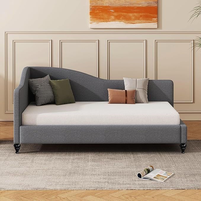 Merax Twin Size Bed Frame daybed, L-Shaped Linen Daybed Corner Sofa with Solid Wood Legs for Living Room & Guest Room, No Box Spring Needed, Grey