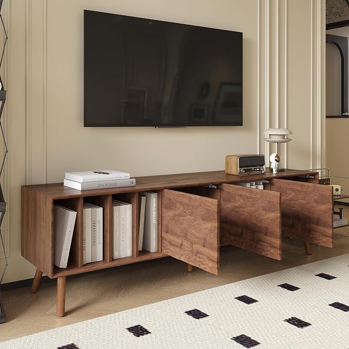 Merax 70" TV Stand for TVs Up to 80", Modern Entertainment Center with 3 Doors and Vertical Open Shelves, Media Console with Unique Mosaic Front Design for Living Room - Image 3