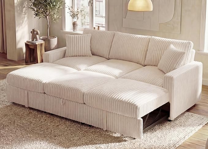 HONBAY 94.5 Inch Modular Sectional Sleeper Sofa with Pull Out Bed, Convertible L & U Shaped Couch with Storage & Adjustable Backrest, Velvet White
