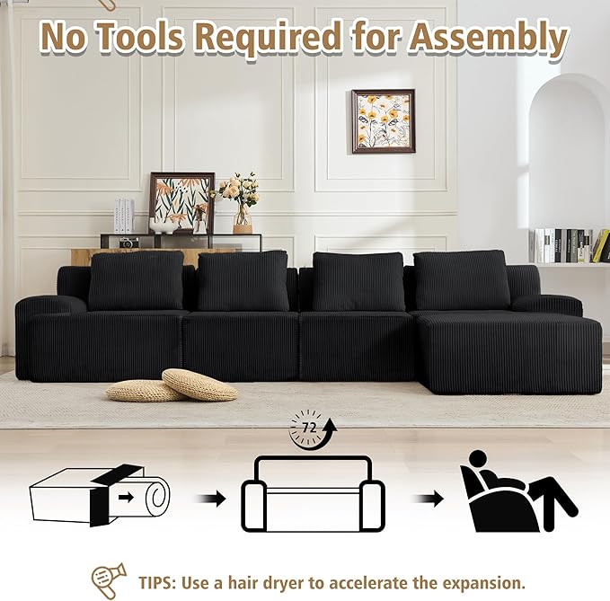 KIGOTY Modular Sectional Sofa Set, 5 PCS Comfy Cloud Sectional Couch with Deep Seat, Sleeper Sofa Bed with Ottoman, Modern Boneless Couch for Living Room, No Assembly Required,Black
