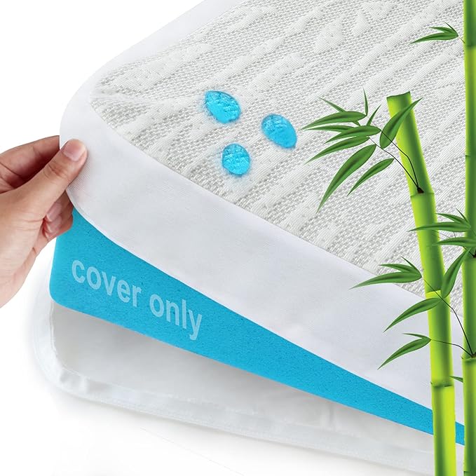 Mattress Topper Cover Protector Full Size 2 Inch, 100% Waterproof Viscose Cooling Encasement Zippered with Adjustable Straps, Fit Memory Foam Mattress Topper