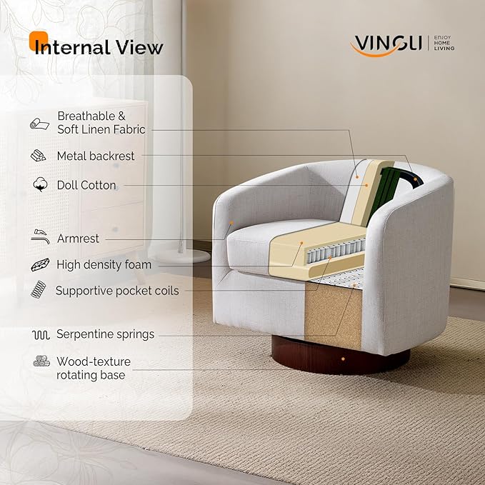 VINGLI 360°Swivel Accent Chair with Engineered Wood Base and Removable Cushion for Living Room, Bedroom, Curved Back Barrel Chair for Small Space, Upholstered Bucket Armchair, Linen Beige