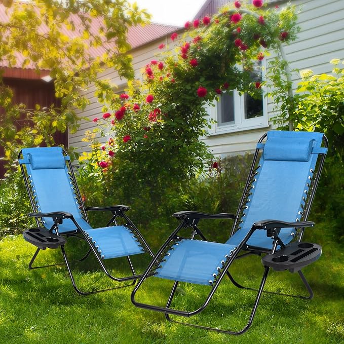 Nazhura Set of 2 Relaxing Recliners Patio Chairs Adjustable Steel Mesh Zero Gravity Lounge Chair Beach Chairs with Pillow and Cup Holder (Sky Blue) - Image 2
