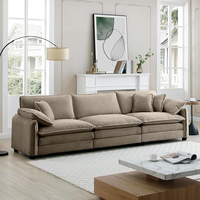 KEIKI 115" Oversized Corduroy Modular Sectional Cloud Sofa with High-Density Foam Cushions, Removable Armrests, Upholstered Modern 3-Seater Fluffy Corner Couch with 5 Pillow, for Living Room, Tan