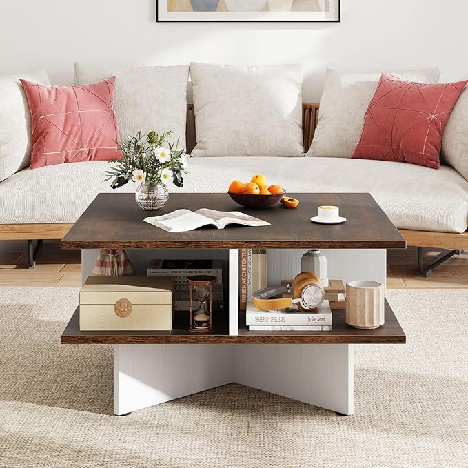 Giantex Square Coffee Table, Mid Century Modern Center Table with 4 Storage Compartments & Cross-Shape Base, 24 Inch Farmhouse Coffee Tables for Living Room (Brown)