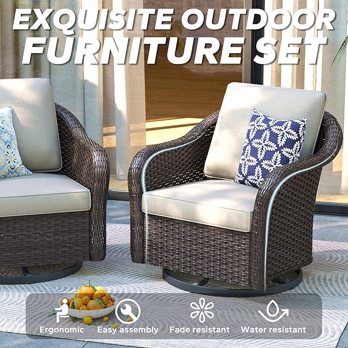 5 PCS Outdoor Conversation Set | 78" Couch, 4 Swivel Chairs, Patio Wicker Conversation Furniture with Removable Cushions for Bistro, Deck, Sunroom (Beige)