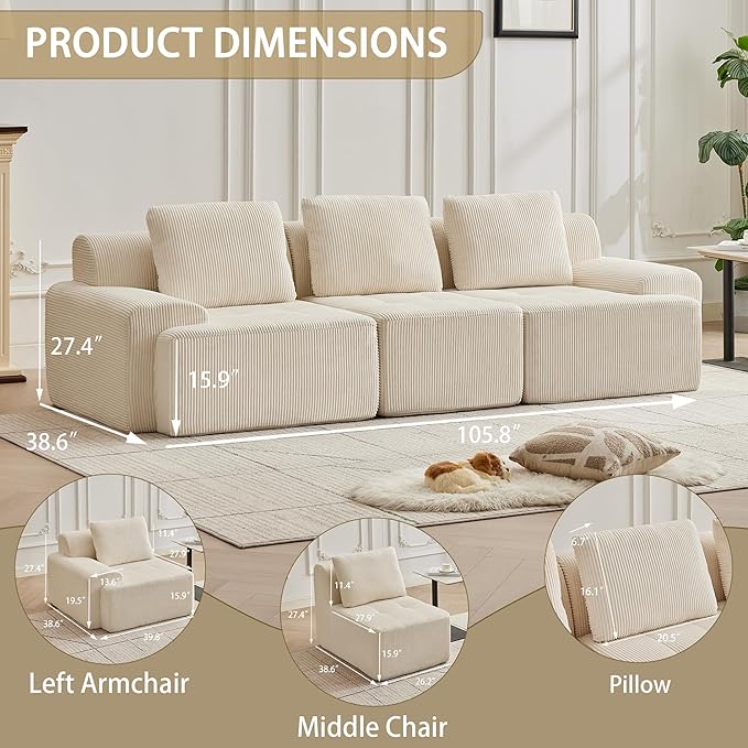Modular Sectional Sofa with Movable Ottoman, 3 Seat Deep Seat Couch with 3 Pillows, Comfy Cloud Sectional Sofa for Living Room, Bedroom and Apartment (White, 1 Left+1 Right+1 Middle)