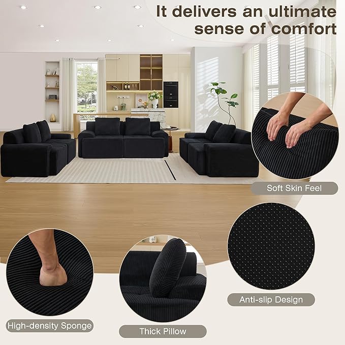 Modular Sectional Sofa, 6 Seat Modular Couch, Modular Sofa with Deep Seat and Detachable Pillow (Black, 6 Pieces-Rowshape 3 Side)