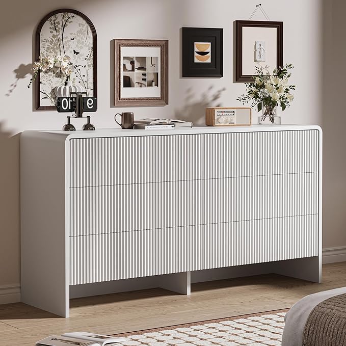 MAISONARIA 3-Piece Curved Dresser Bedroom Set, 6 Drawer Dresser & 2 Drawer Nightstands with Pop-up Design, Fluted Wood Chest of Drawers for Bedroom, Living Room, Entryway, White